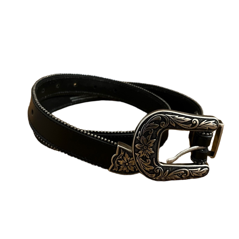 🆕 American Eagle Outfitters Western Black Leather Belt with Engraved Buckle XS